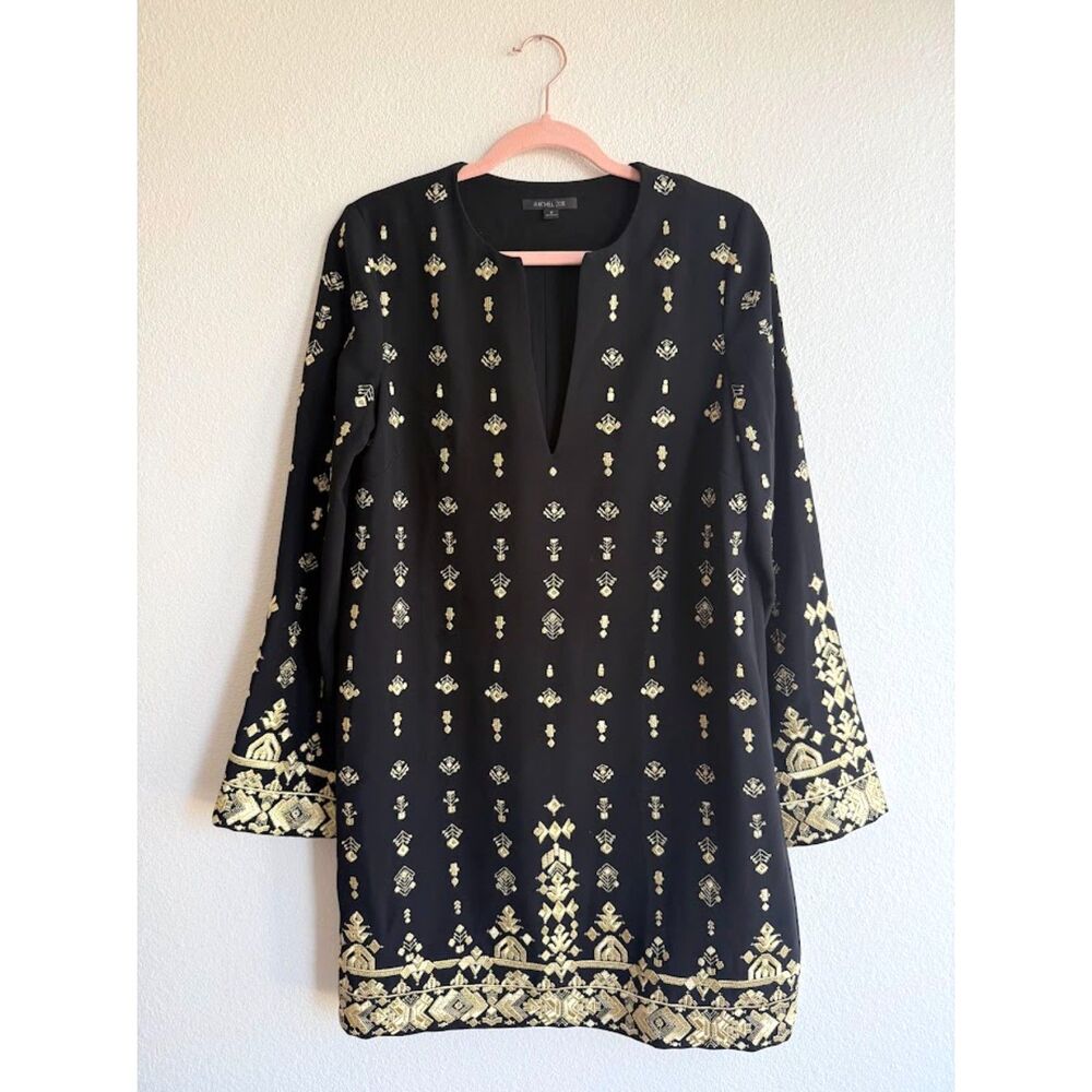 Rachel Zoe Kayt Black Long Sleeve Tunic Shift Dress with Gold Embroidery Size 8